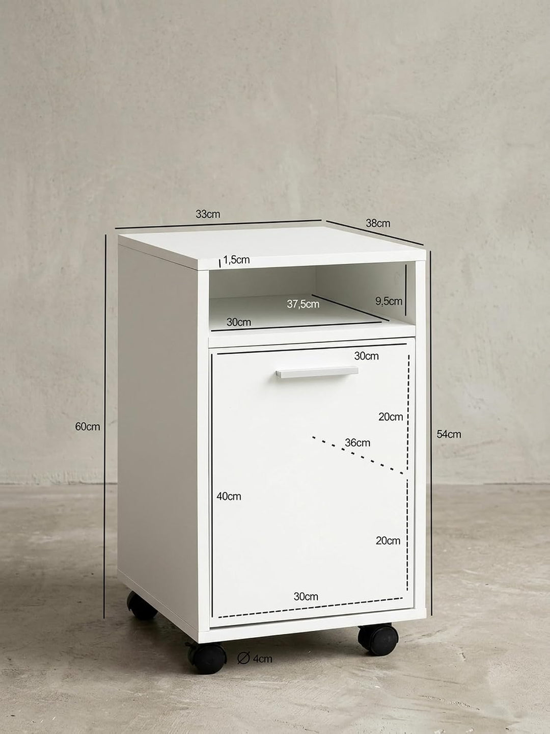 Rollcontainer Weiss 33x60x38cm Schubladenschrank | Schreibtisch-Container mit Tür &amp; Ablage | Bürocon