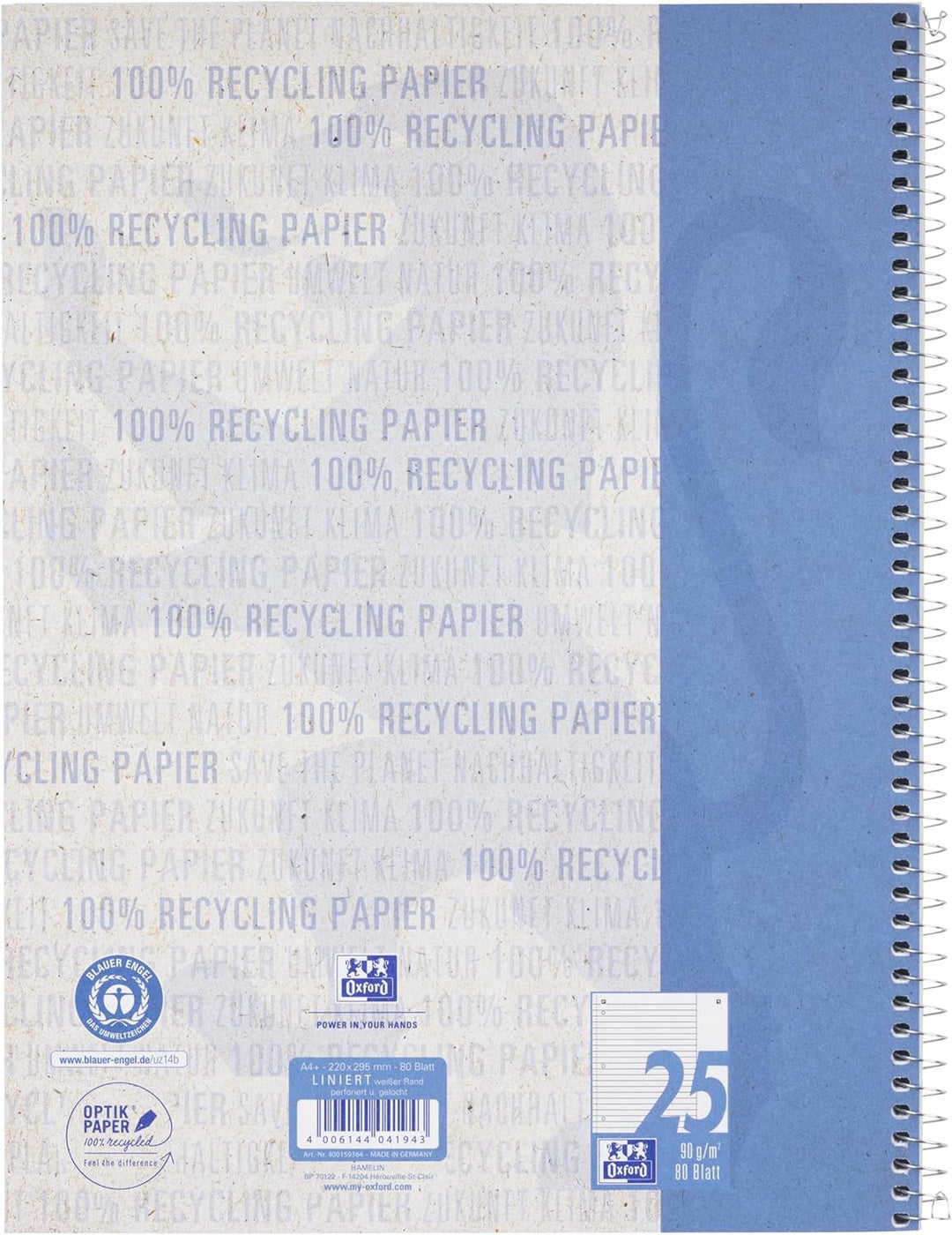 Oxford Recycling Collegeblock A4 liniert mit weissem Rand, 80 Blatt, 10 Stück, A4 liniert mit weisse