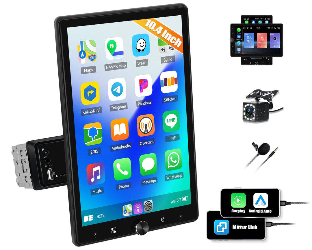 CAMECHO Autoradio 1 Din 10.4 Zoll Wireless Carplay Android Auto mit Rückfahrkamera, Bildschirm Drehb