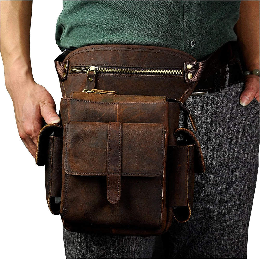 Le'aokuu Herren Echtes Leder Hüfttasche Gürteltasche Bauchtasche Reissverschluss Motorrad Messenger