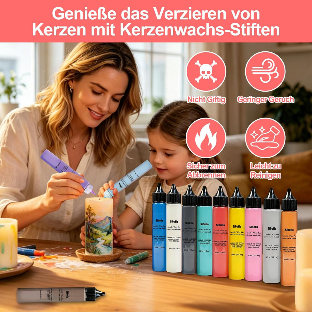 12 Stück Wachsstifte für Kerzen, Kerzenstifte 10 ml, mit vorgestanzten Aufklebern und Schwammwerkzeu
