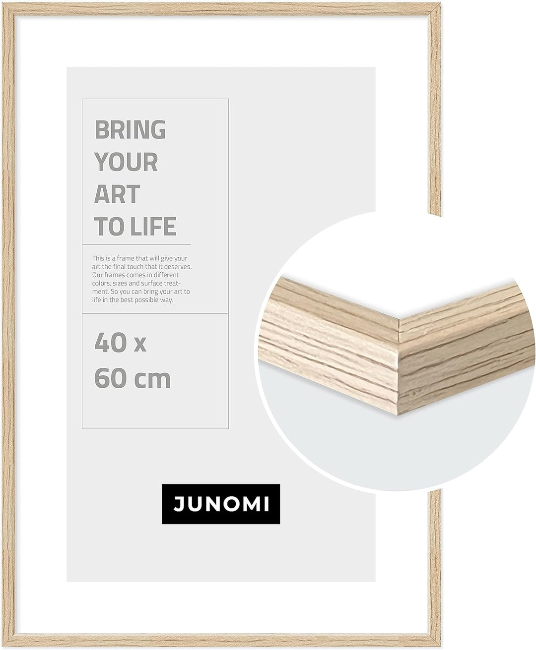 JUNOMI® Bilderrahmen 40 x 60 cm Holz | Farbe Eiche | Bilderrahmen Eiche mit bruchsicherem Acryl-Glas