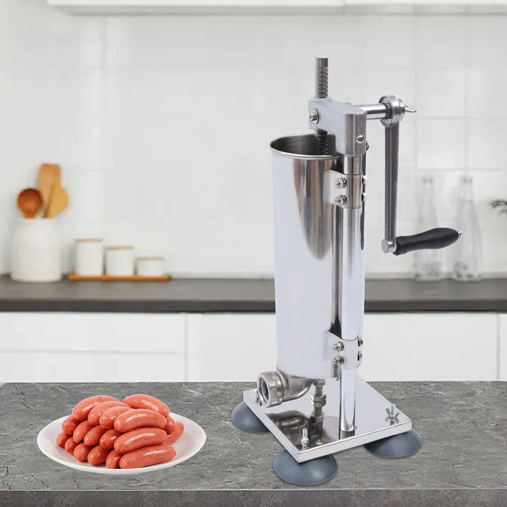 Manueller Wurstfüller aus Edelstahl für Zuhause mit 3L Fassungsvermögen | Mit 6 Füllrohren Und Saugn