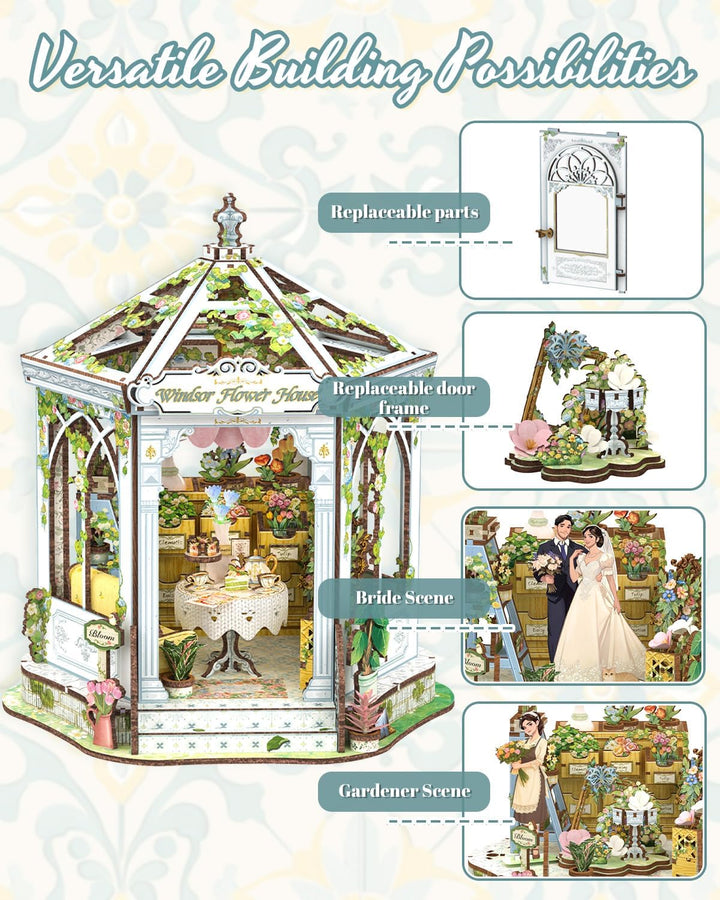 CUTEBEE Europäisch-Retro 3D-Puzzle Book Nook Puppenhaus-Set, eleganter Wintergarten mit Afternoon-Te