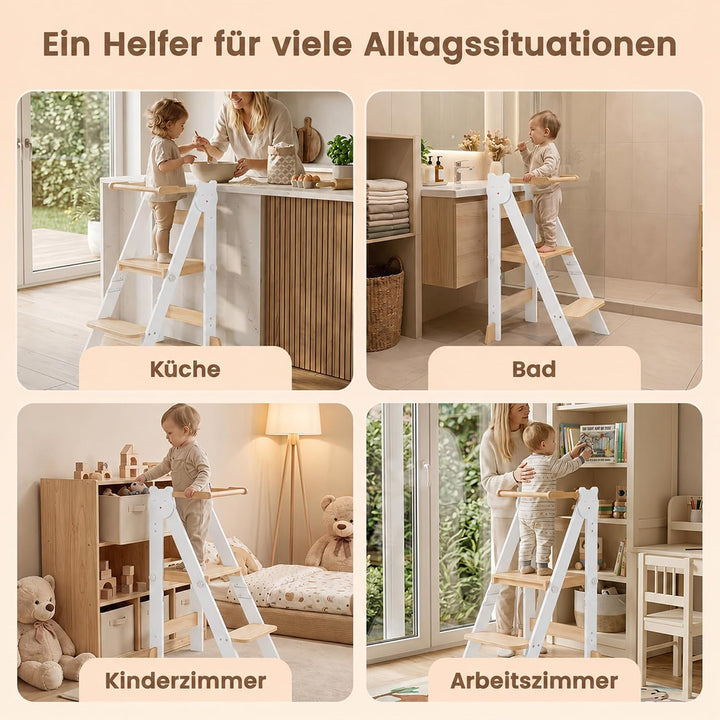 Lernturm Klappbar &amp; 3-Fach Höhenverstellbar - Kippsicherer Learning Tower aus Kiefernholz - Mitwachs