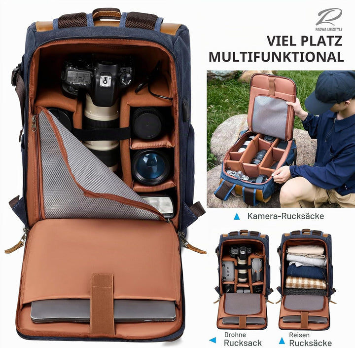 Padwa Lifestyle Blau Kamerarucksack - wetterfeste Kameratasche aus gewachstem Memory Canvas mit 16“