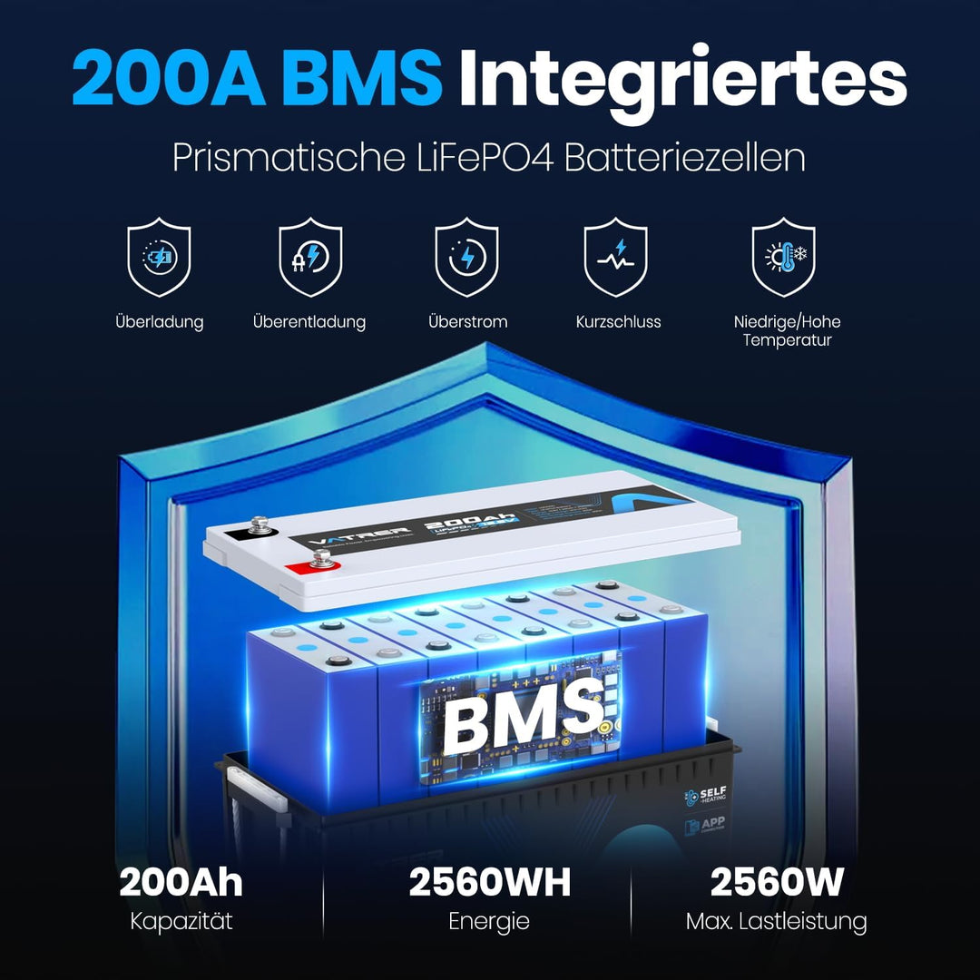 12V 200AH Selbsterwärmung LiFePO4 Lithium-Batterie mit 200A BMS über 5000 Mal Tiefzyklus -20℃ Tiefte