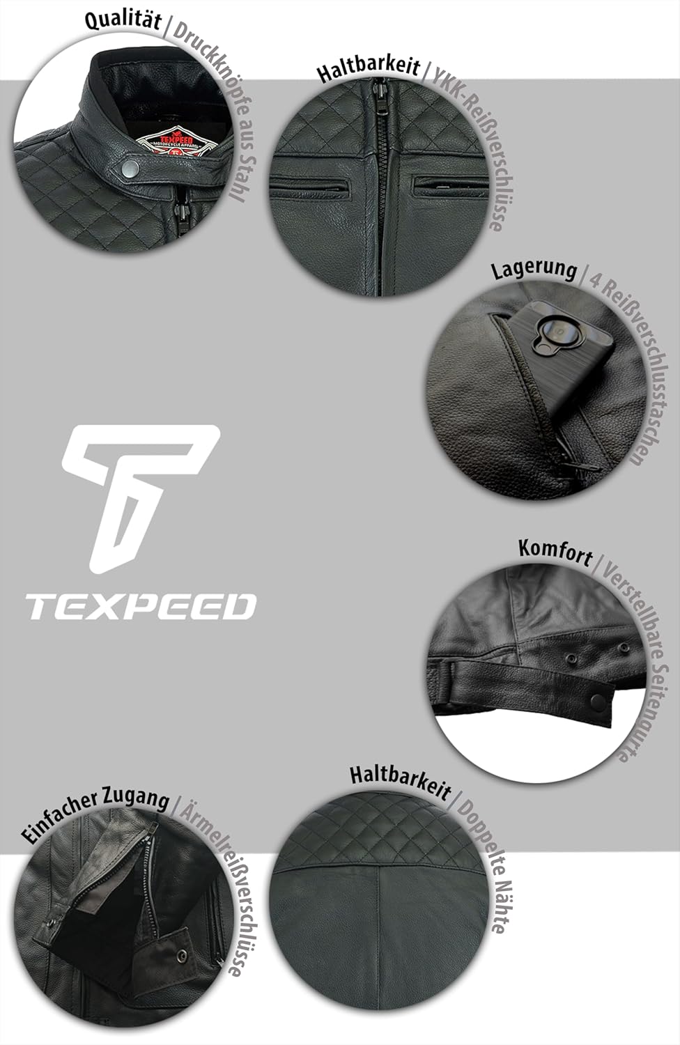 Texpeed Motorrad lederjacke herren mit protektoren - Leder mit Rautensteppung - Motorrad Mit Origina