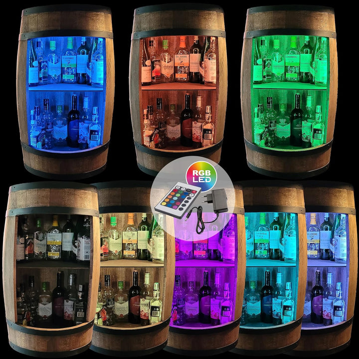 weeco Weinfass als Weinregal - Weinschrank Barschrank LED-Leuchten, Bar Tisch aus Holzfass, Wein Rac