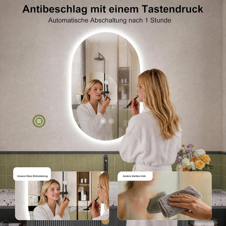 Spiegel mit Beleuchtung Oval LED Badspiegel 120x60 cm mit Touch-Schalter,3 Lichtfarbe Einstellbare,B