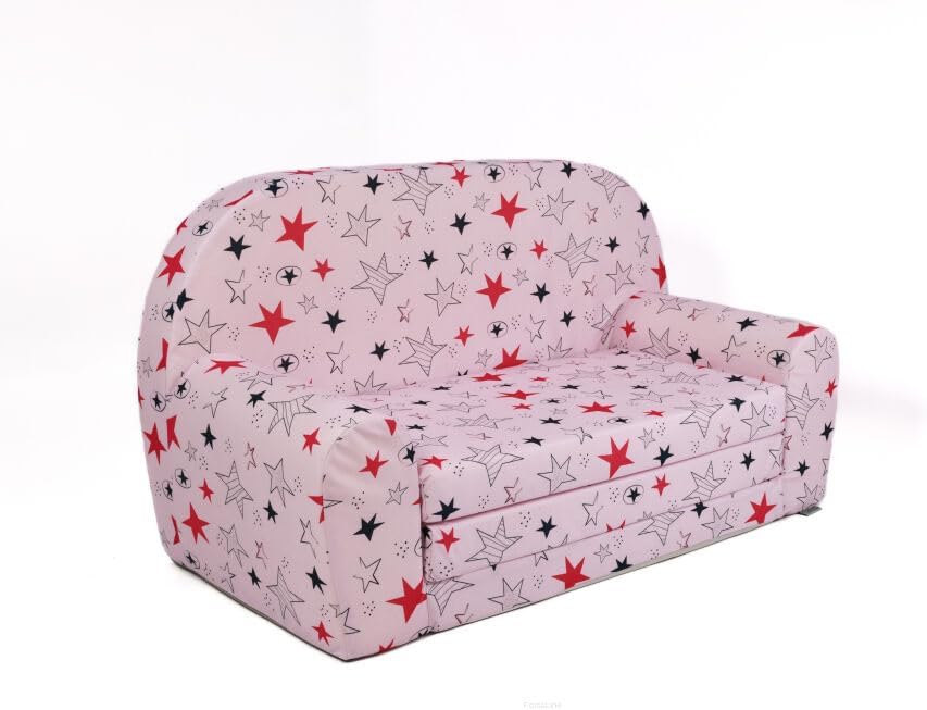 FORTISLINE Kindersofa Mini zum Aufklappen Viele Muster W386 (Rosa Sterne Grau/Pink)