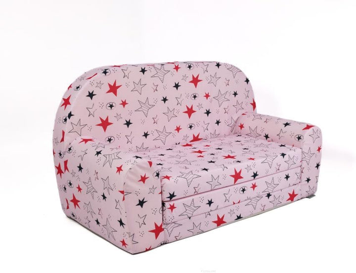 FORTISLINE Kindersofa Mini zum Aufklappen Viele Muster W386 (Rosa Sterne Grau/Pink)