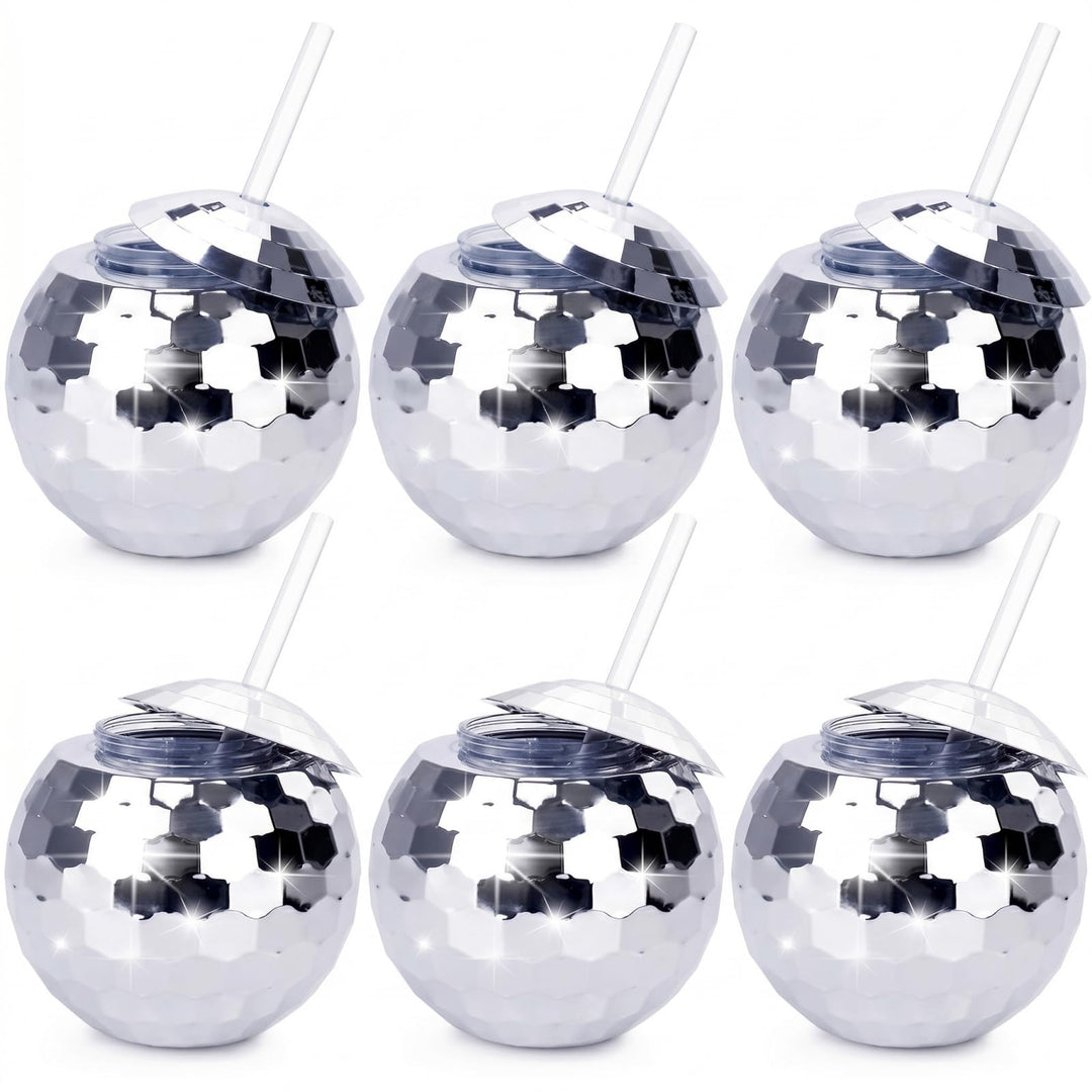 Nicunom 6 Stück 540 ml Discokugelbecher mit Deckel und Trinkhalmen Wiederverwendbar, silberfarben, D