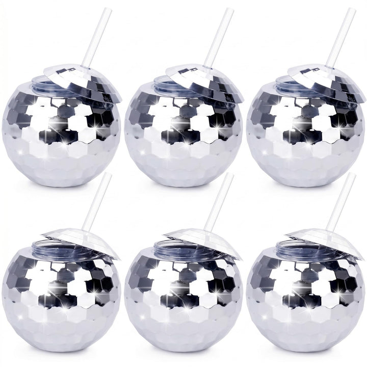 Nicunom 6 Stück 540 ml Discokugelbecher mit Deckel und Trinkhalmen Wiederverwendbar, silberfarben, D