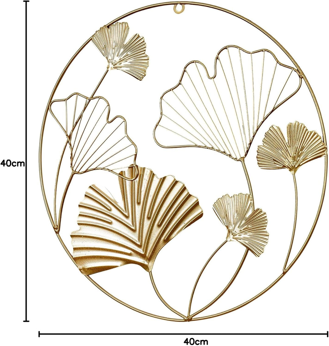 Wandbild Ø40cm Ginkgo Gold Metall Wanddeko Wandhänger Metallbild Dekoration Wandobjekt Deko Bild, Va