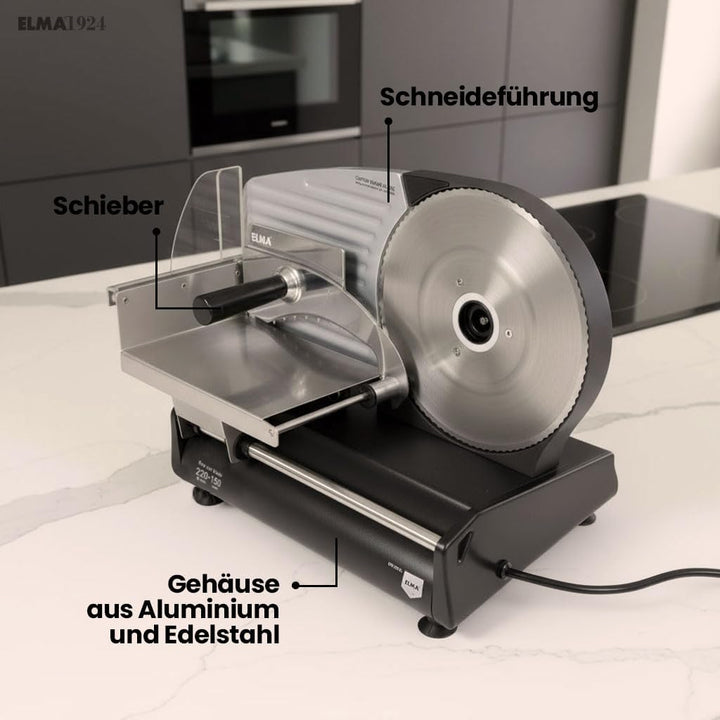 ELMA Elektrische Aufschnittmaschine CFD220 XL mit Zwei Edelstahlklingen Ø220 mm | Haushalts-Aufschni