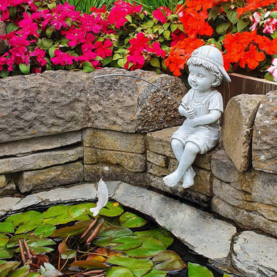 Yeomoo Angeln Little Boy Deko Gartenfiguren für Draussen, Lustig Kinder Fischer Figur Gartendeko für