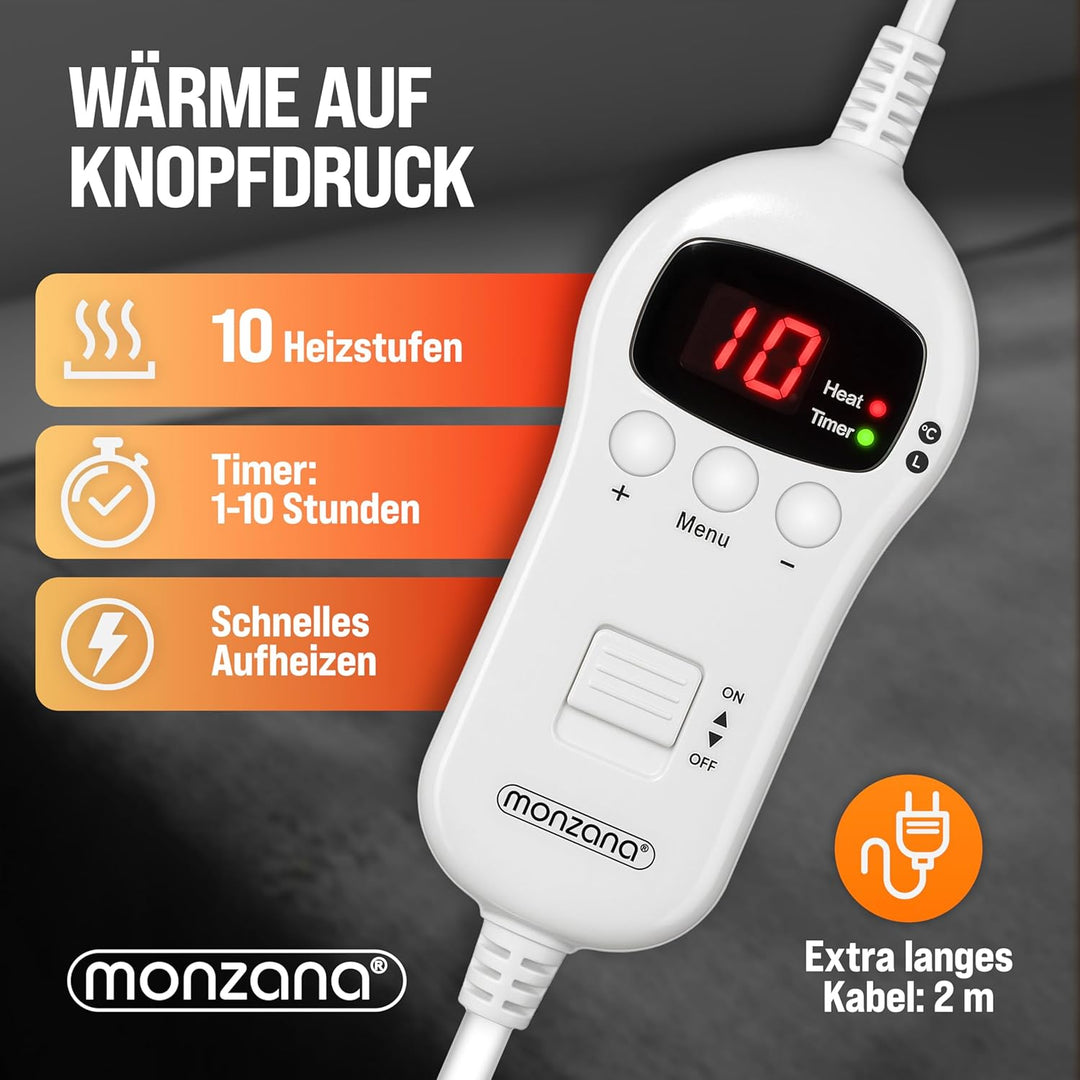 Monzana® Elektrische Heizdecke 180x130cm 120W 10 Heizstufen 10h Timer Abschaltautomatik Überhitzungs