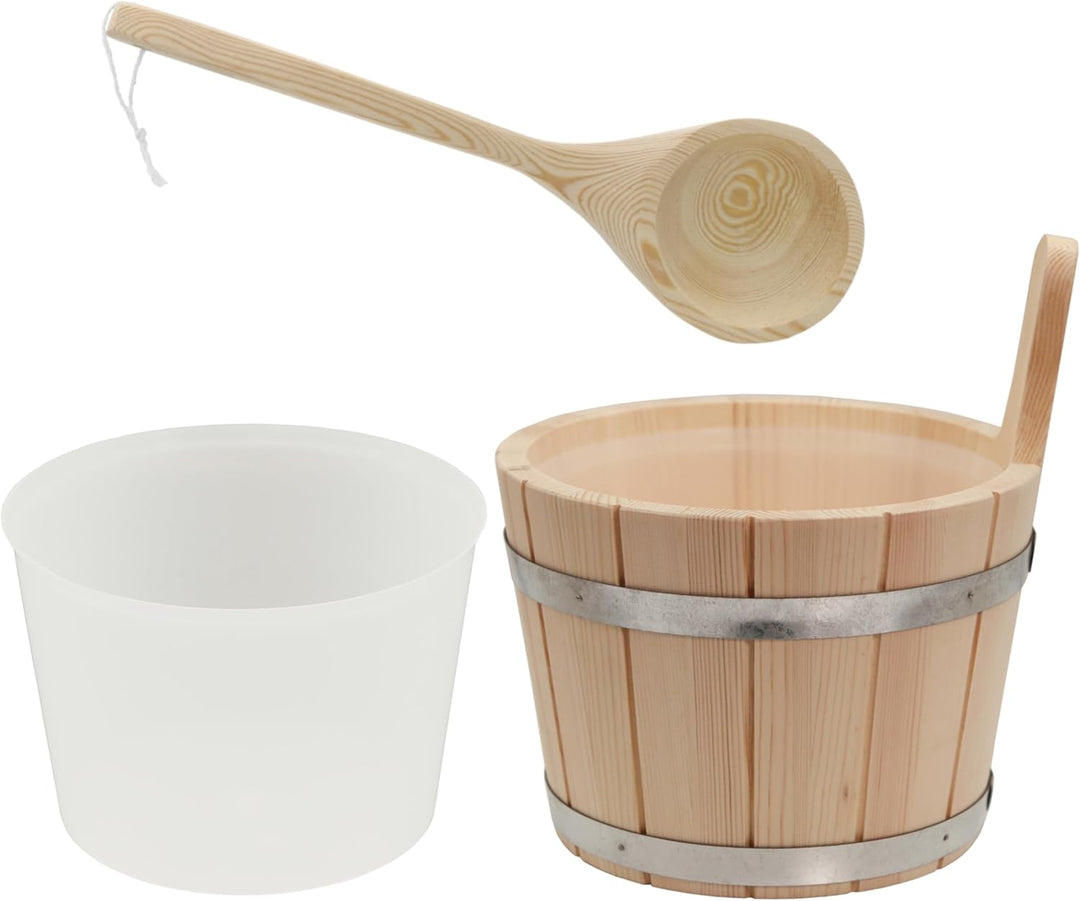 HAF® Saunakübel Set Nadelholz 5 Liter mit Einsatz, 40cm Saunakelle Kiefernholz, Sanduhr und Klimames