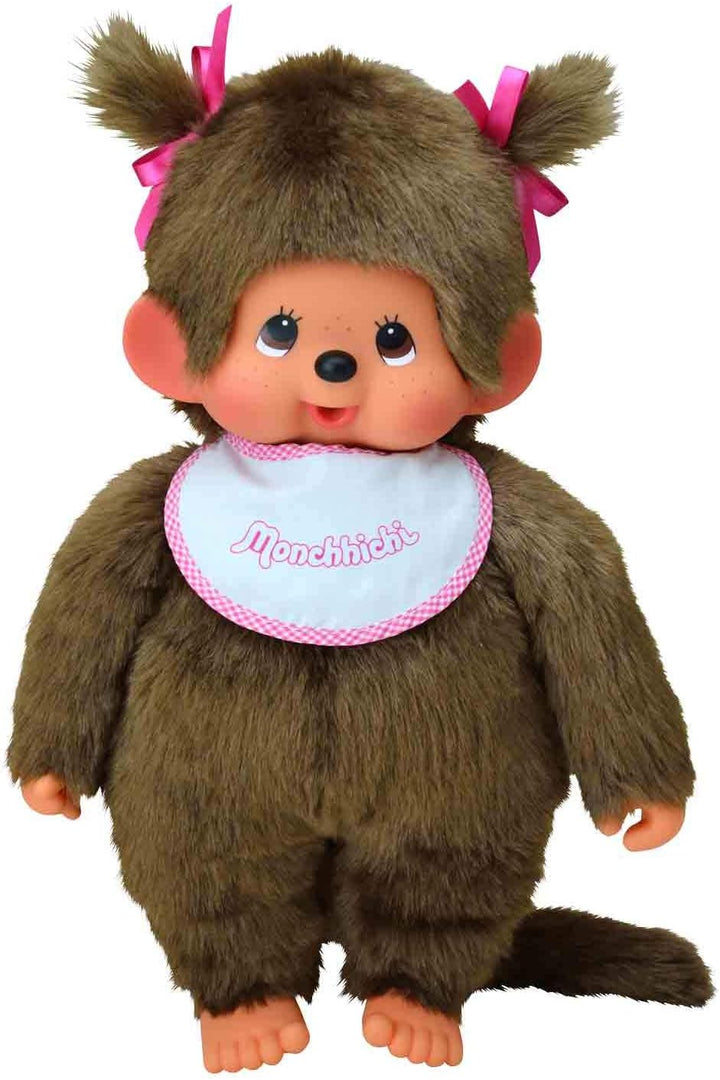 Sekiguchi 255530 - Original Monchhichi Mädchen, Plüschfigur mit weiss-pinkem Latz und Zöpfen mit Sch