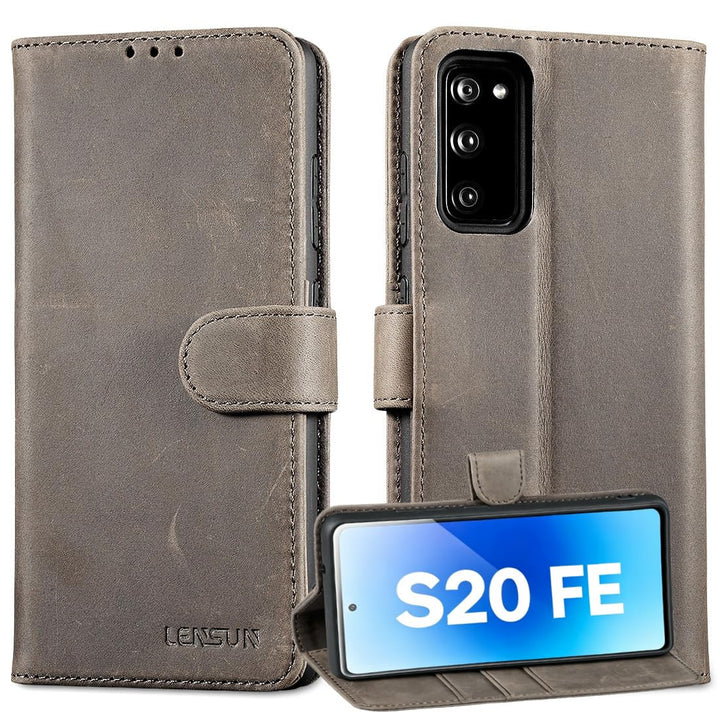 LENSUN Lederhülle für Samsung Galaxy S20 FE, Echtleder Hülle [Bookstyle][RFID Blocker][Echtes Leder]