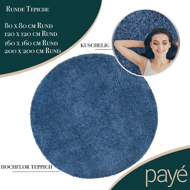 payé Teppich Rund Hochflor Shaggy - 200x200cm - Blau Einfarbig Uni Flauschig Modern Boho Wohnzimmer