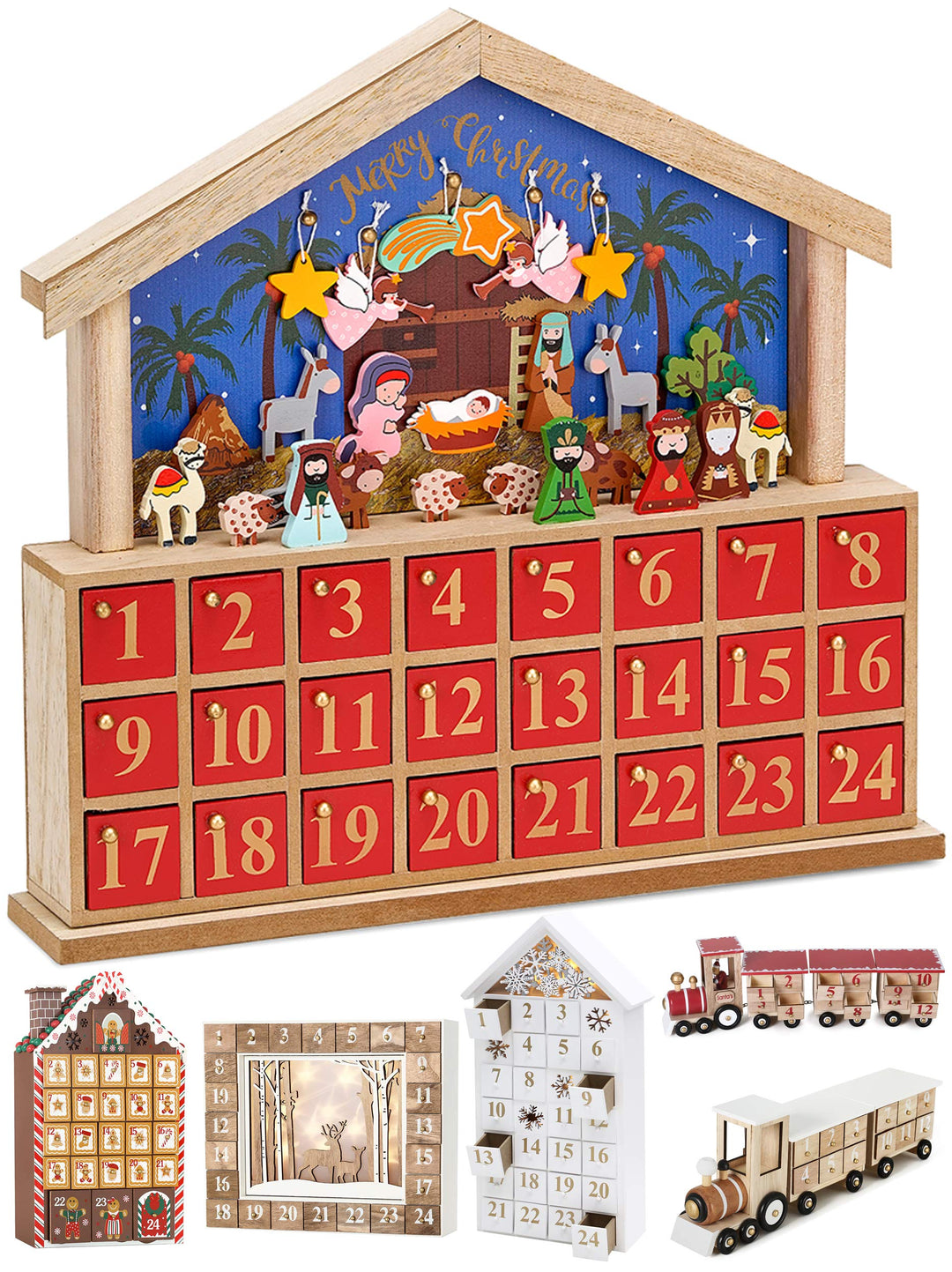 BRUBAKER Adventskalender aus Holz zum Befüllen - Bethlehem mit 24 Türchen - Wiederverwendbarer DIY W