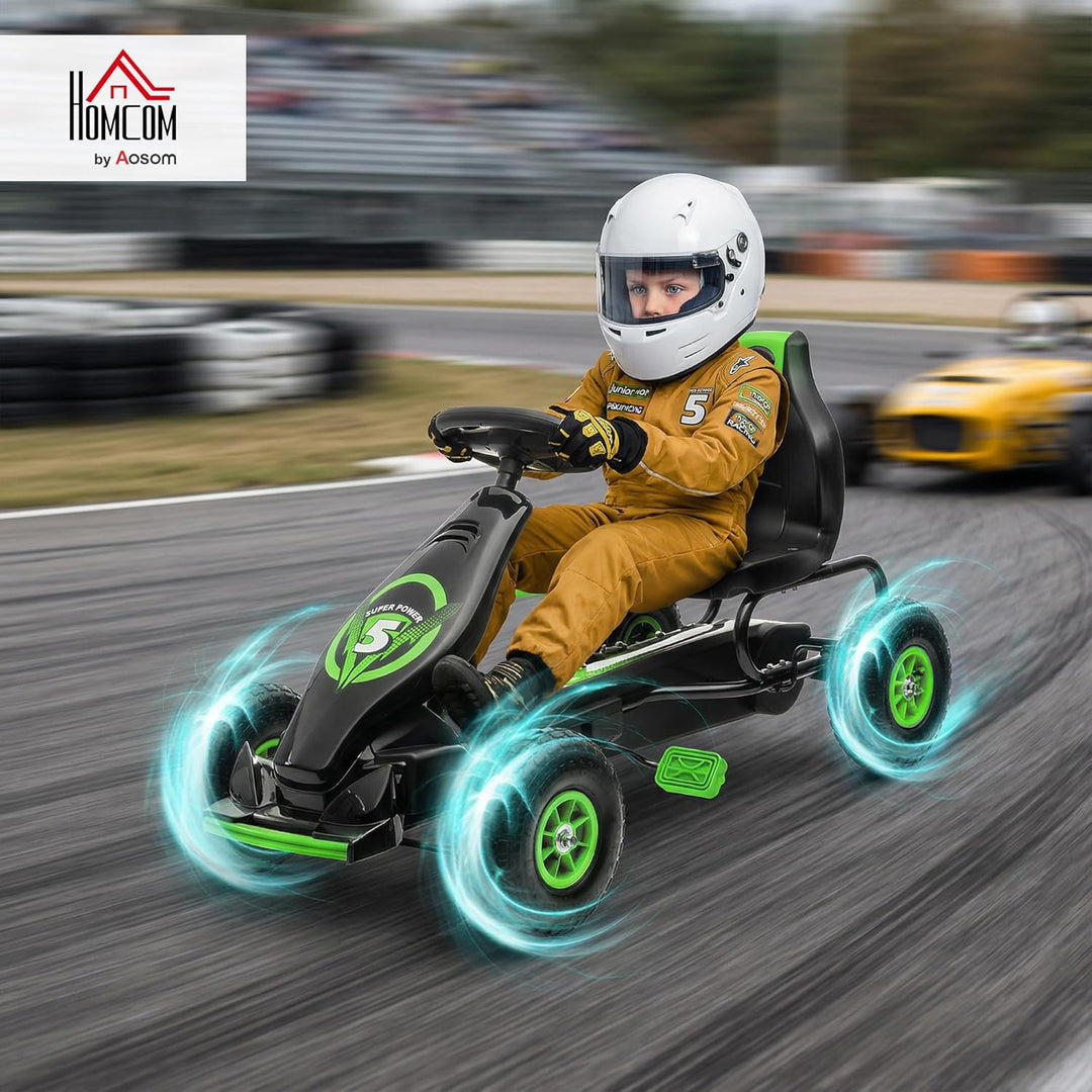 HOMCOM Gokart, Kinderfahrzeug mit 3-stufig verstellbarem Sitz, Tretfahrzeug mit Gummireifen, Pedal u