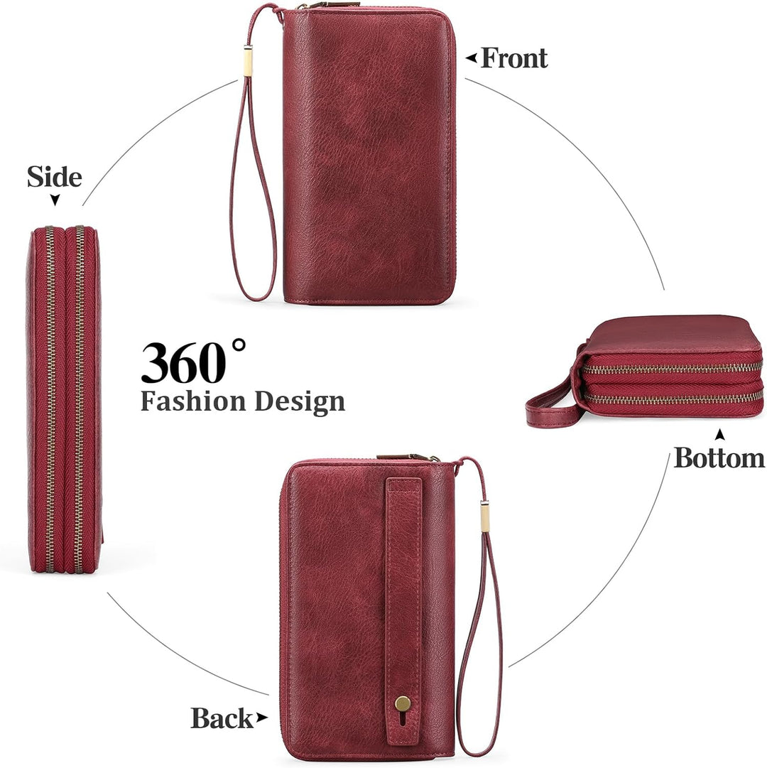 GAEKEAO Geldbörse Damen Gross, Portemonnaie Damen Veganes Leder Doppel Reissverschluss Kreditkartene