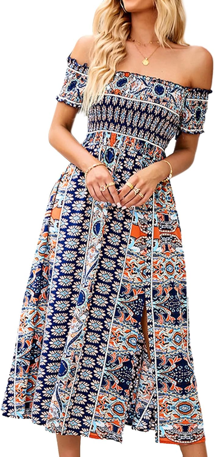 Cocoarm Sommerkleid Damen Sommer Schulterfreies Kleid Maxi Kleider Strandkleid Wickelkleid Ärmellos