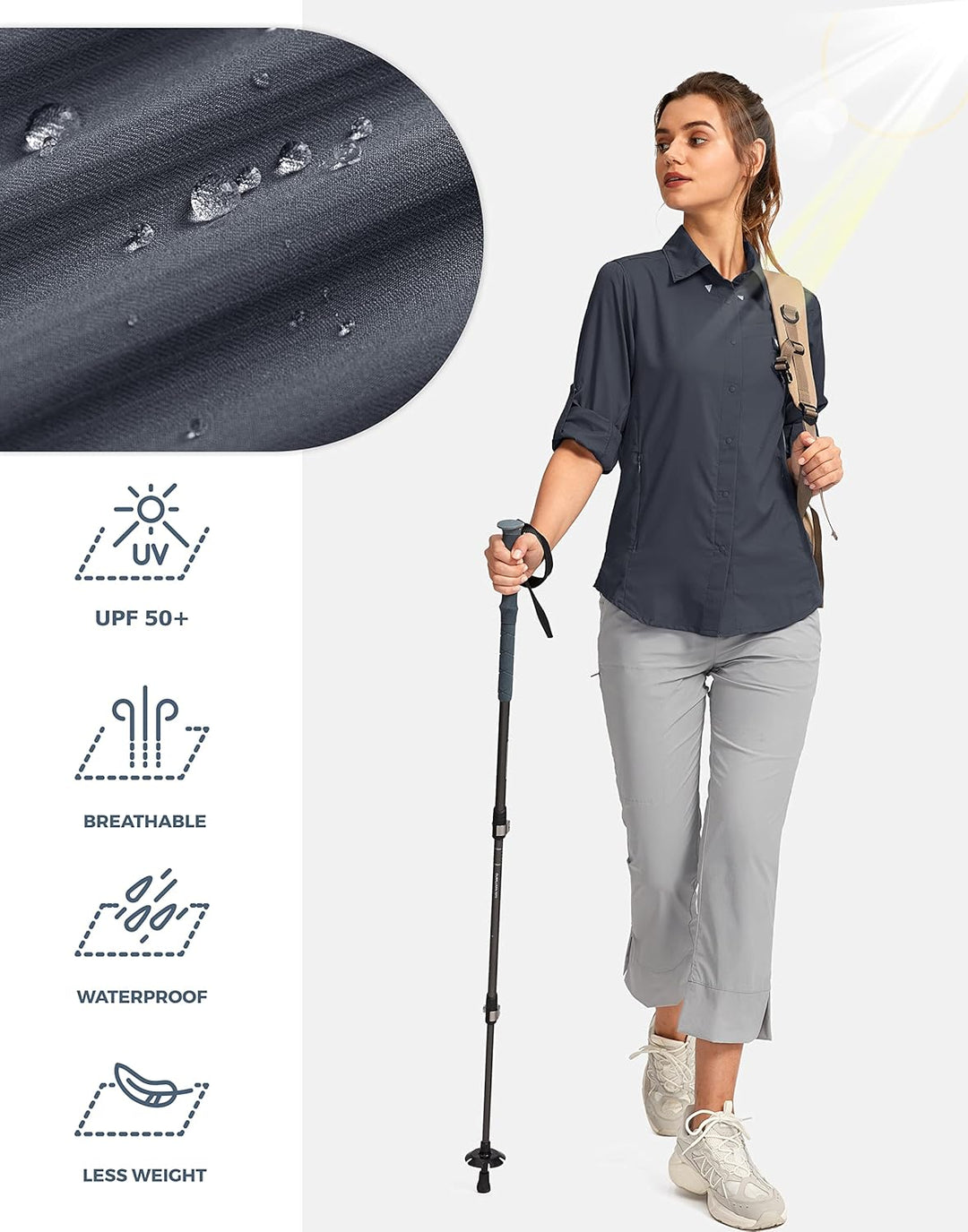Damen-Sonnenschutz-Angelshirt mit Reissverschlusstaschen, leicht, LSF Langarm-Shirts für Wandern, Sa