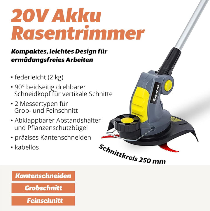 FANZTOOL Akku Rasentrimmer 20V, inkl. 2Ah Akku, Ladegerät, Gerade Messer für Glatt- und Feinschnitt