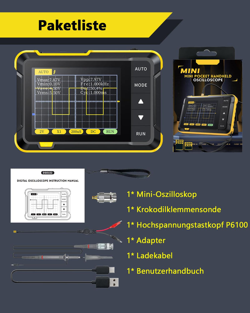 SURLABA Digitales Oszilloskop, 2.8" TFT Mini Oscilloscope 200KHz Bandbreite mit Abtastrate 2.5MS/s,