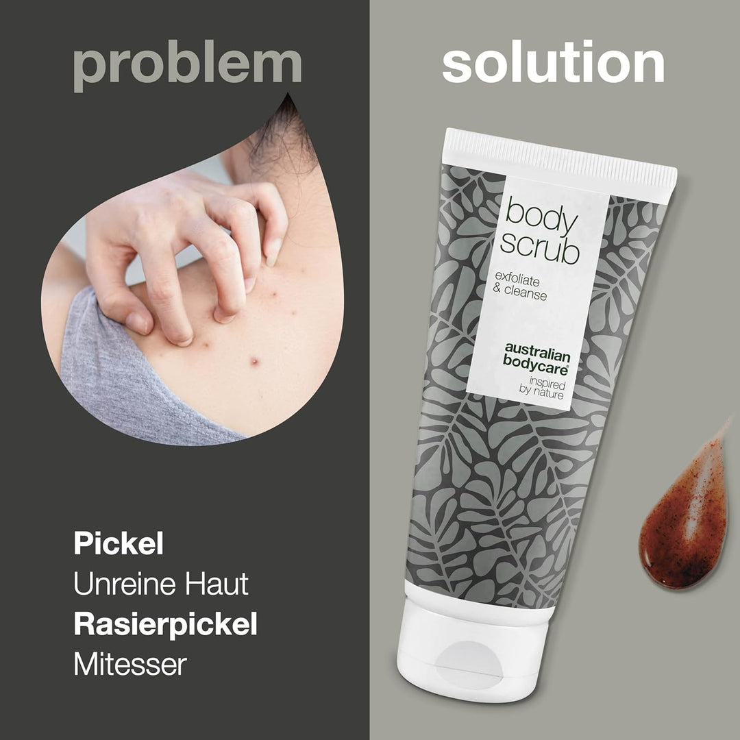 3x Körperpeeling 200ml mit Teebaumöl | Gegen Pickel, unreine Haut, eingewachsene Haare, Reibeisenhau