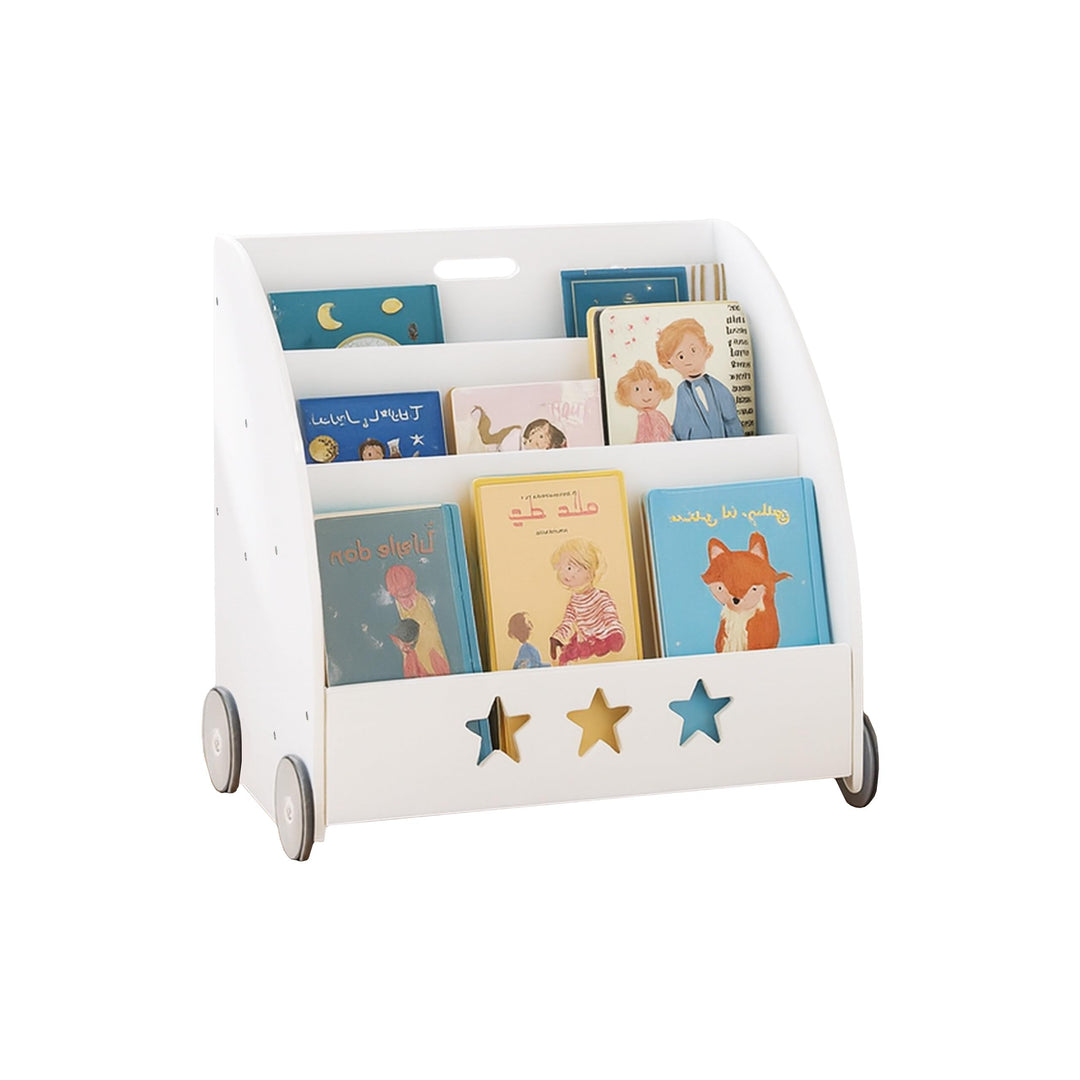 Relaxdays Bücherregal Kinder, HBT: 57 x 62 x 42 cm, fahrbar, 3 Fächer für Bücher, Spielzeug, Kinderb
