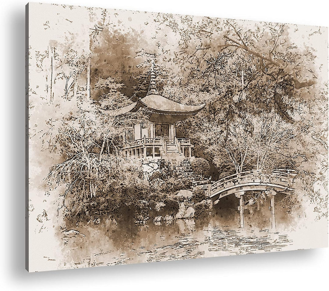 deyoli traditionell japanischer Garten Effekt: Sepia, Format: 80x60 als Leinwandbild, Motiv fertig g