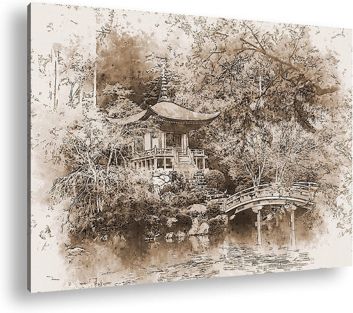 deyoli traditionell japanischer Garten Effekt: Sepia, Format: 80x60 als Leinwandbild, Motiv fertig g