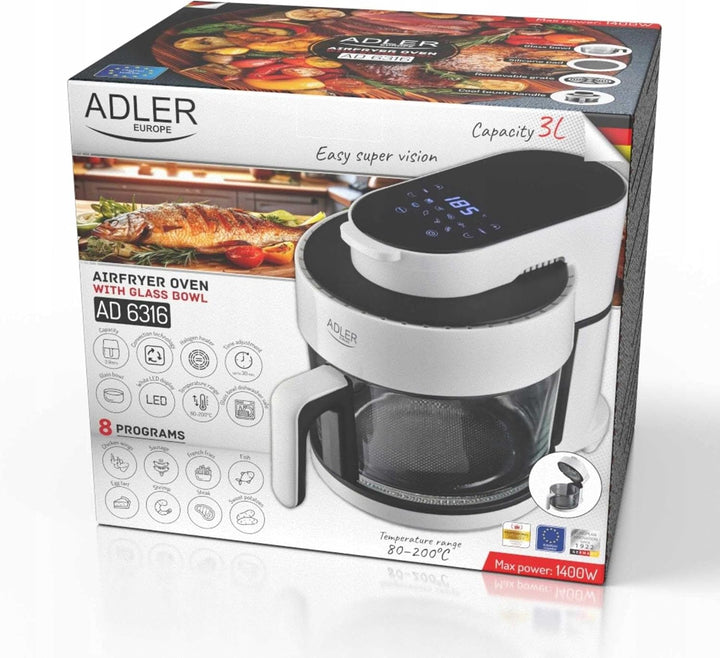 ADLER Air Fryer Backofen mit 3L Glasschale, Weiss