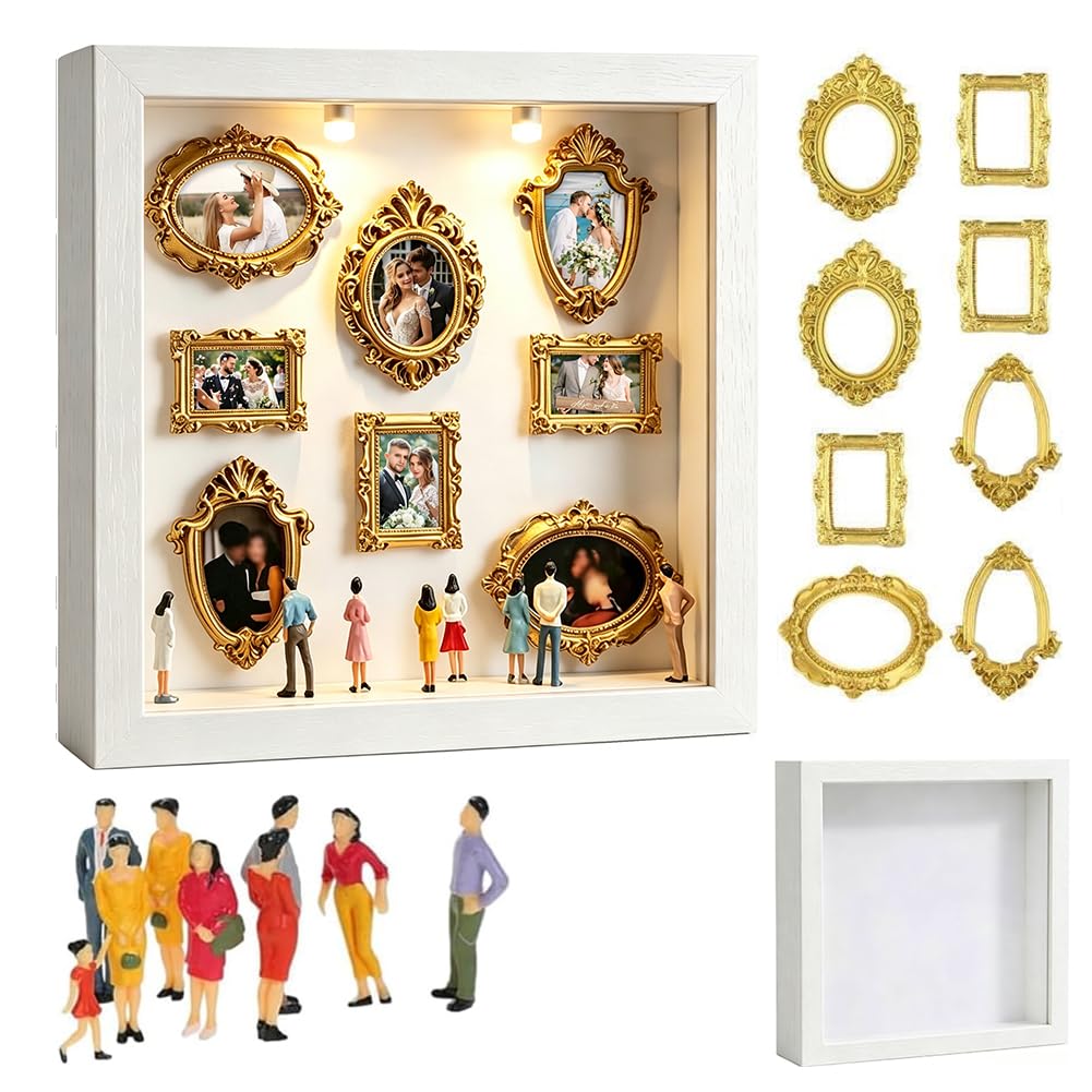 DIY Mini Museum Shadow Box mit LED Licht - Mini Bilderrahmen Vintage Set mit 8 Gold Rahmen & 8 Figur