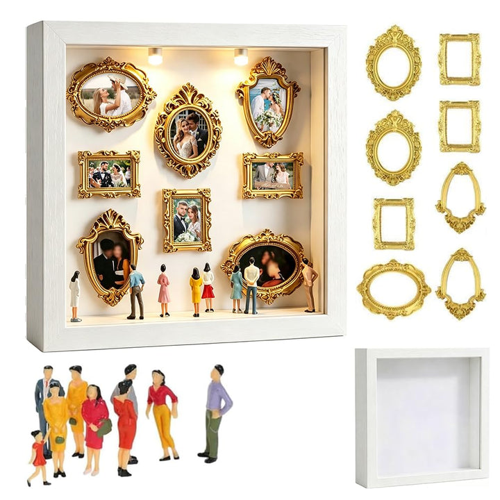 DIY Mini Museum Shadow Box mit LED Licht - Mini Bilderrahmen Vintage Set mit 8 Gold Rahmen & 8 Figur