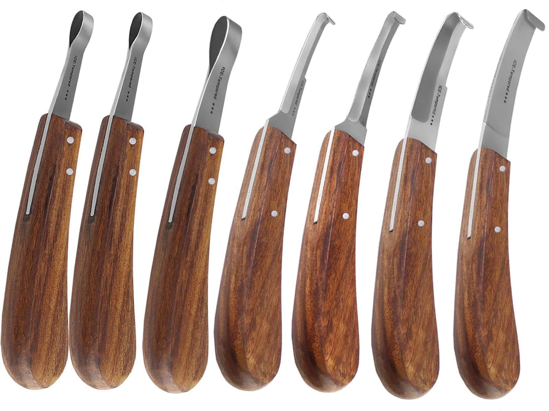 Profi Hufmesser Set 7-Teilig für Pferde 3 Schlaufenmesser 4 Rinnmesser mit Scharfen Klingen Klauenme