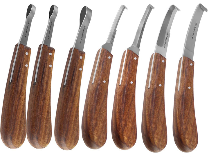 Profi Hufmesser Set 7-Teilig für Pferde 3 Schlaufenmesser 4 Rinnmesser mit Scharfen Klingen Klauenme