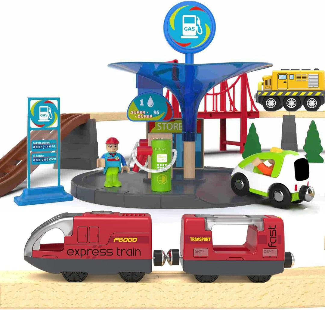 TOPLIVING Motorisierter Holzschienenzug, Ferngesteuerter Zug mit Magnetverbindung, Batteriebetrieben