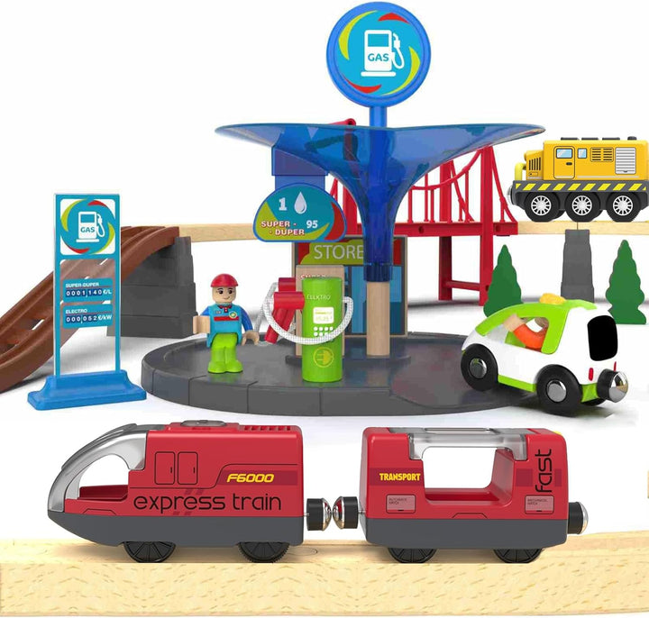 TOPLIVING Motorisierter Holzschienenzug, Ferngesteuerter Zug mit Magnetverbindung, Batteriebetrieben