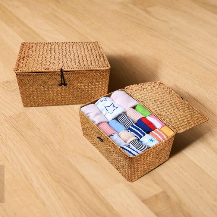 Aufbewahrungskörbe aus geflochtenem Weidengeflecht mit Deckel, Knopf, handgewebter Rattan, Schreibti