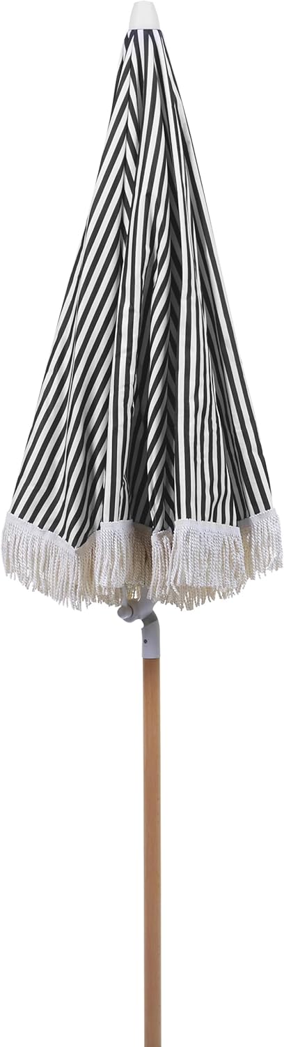 Sonnenschirm mit Volant Regenschutz Holzmast schwarz rund ⌀ 150 cm Boho Mondello