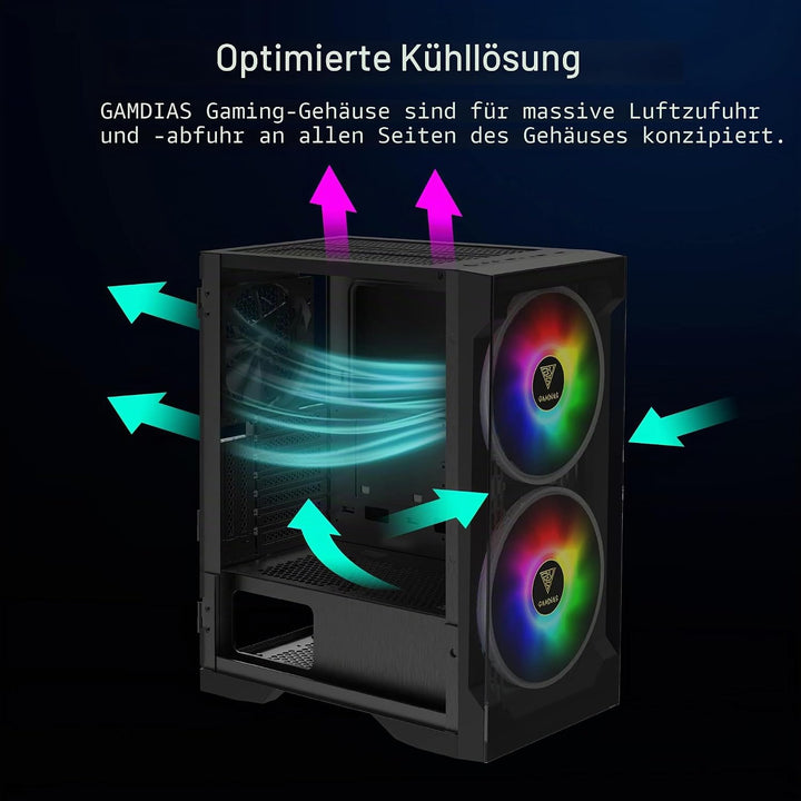 GAMDIAS Apollo E2 Elite Gaming-PC-Gehäuse, Mid-Tower-ATX-Gehäuse, gehärtete Glasscheibe, 3Dual einge