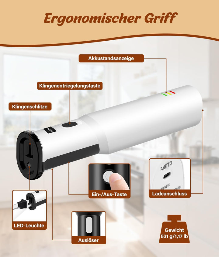Elektromesser 8 V, Elektrisches Küchenmesser kabellos mit 2 scharfen Edelstahlklingen und Gabel, Sic