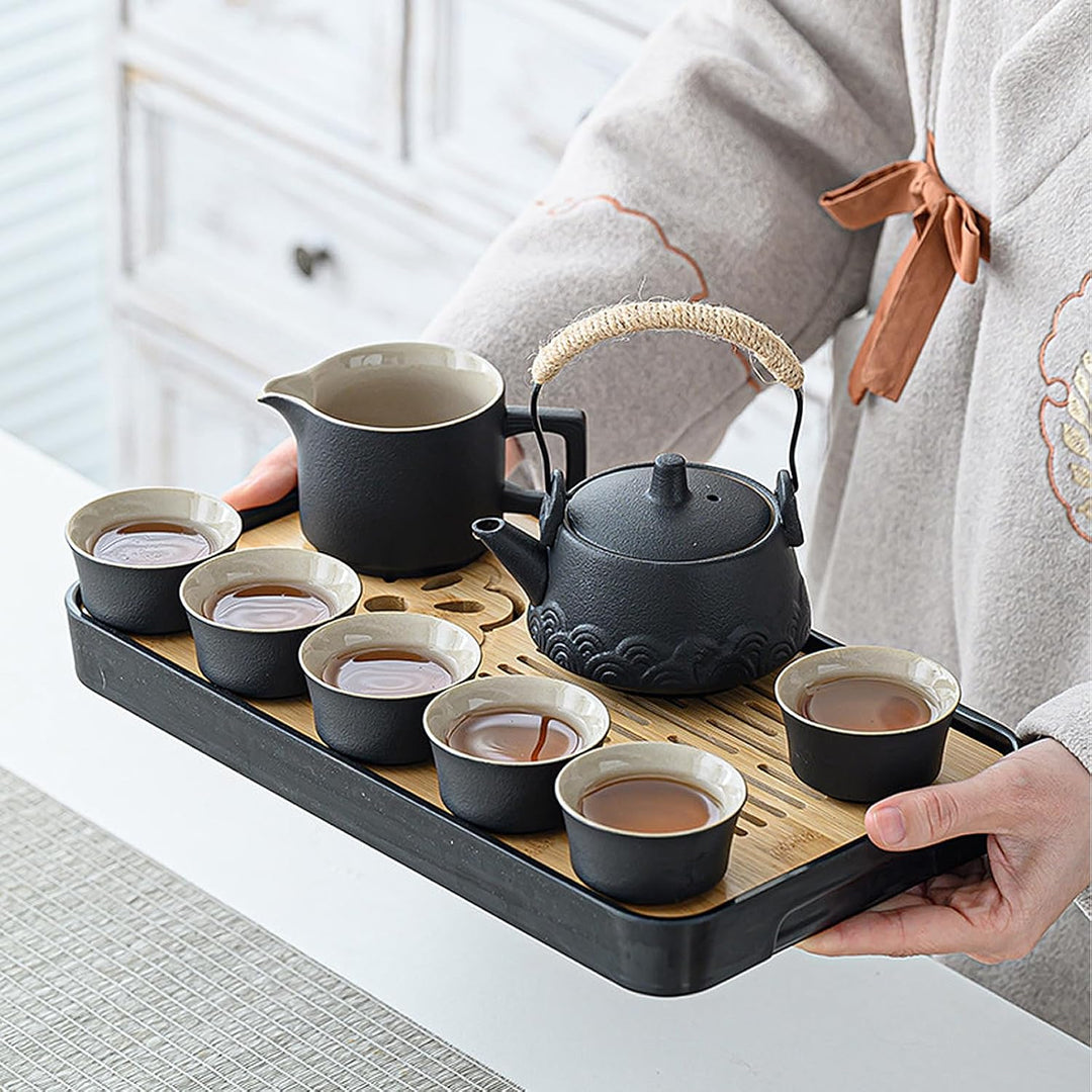 Tee-Set 14-teilig, Keramik schwarz, mit Kanne, 6 Tassen und Tablett | Japanisches Kung-Fu-Design. Tr