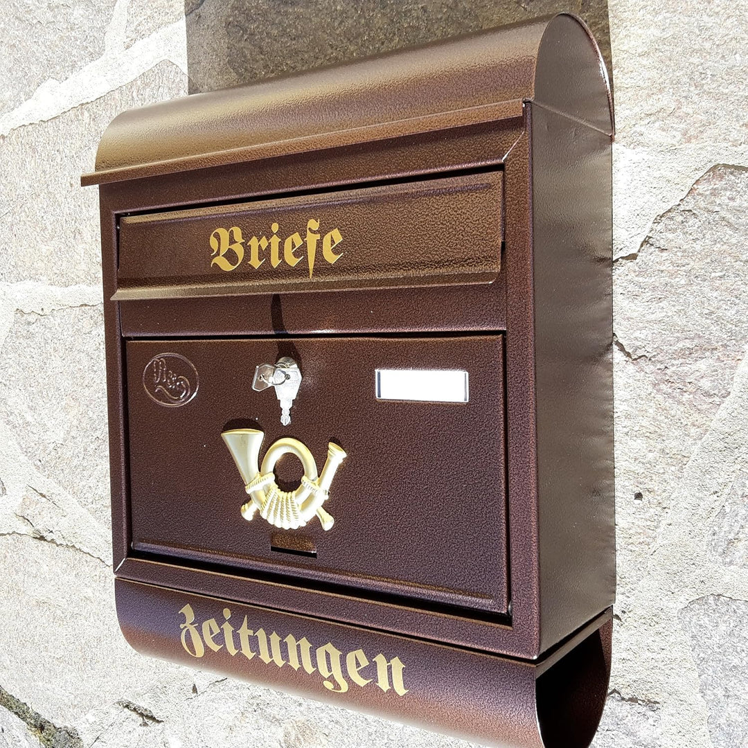 Eigenmarke Grosser Briefkasten/Postkasten XXL Kupfer/Bronce mit Zeitungsrolle Runddach Wandmontage